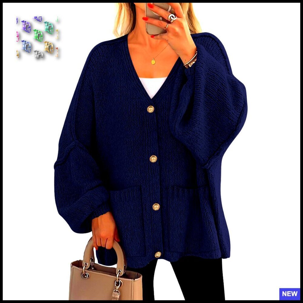 Oversized Chunky Knit Cardigan Button Down Lantern Sleeve Cozy Fall Sweater